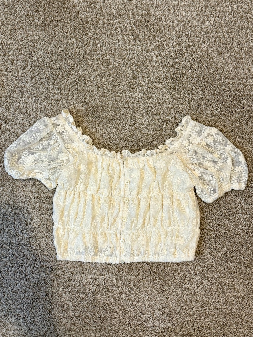 Zara Cream Lace Puff-Sleeve Smocked Crop Top Girls size 10